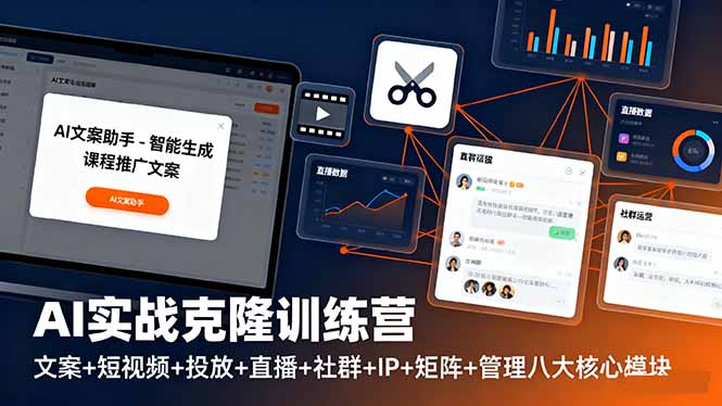 AI实战克隆训练营：文案+短视频+投放+直播+社群+IP+矩阵+管理八大核心模块|网创挖金社