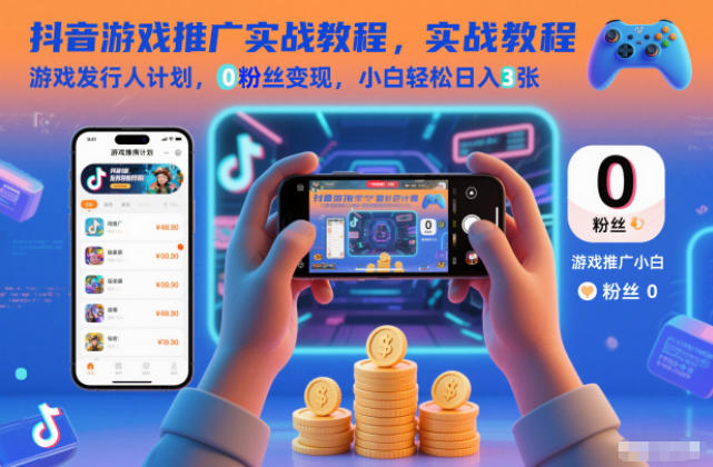 抖音游戏推广实战教程，游戏发行人计划，0粉丝变现，小白轻松日入3张|网创挖金社