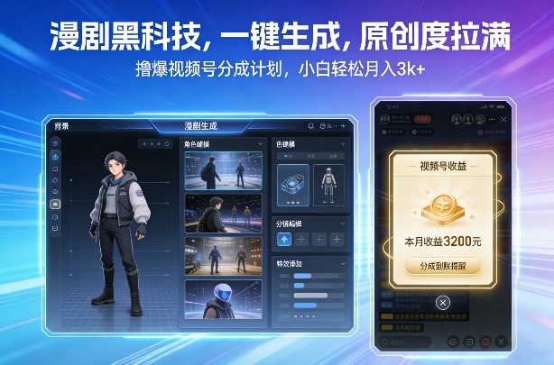 漫剧黑科技，一键生成，原创度拉满，撸爆视频号分成计划，小白轻松月入3k+|网创挖金社