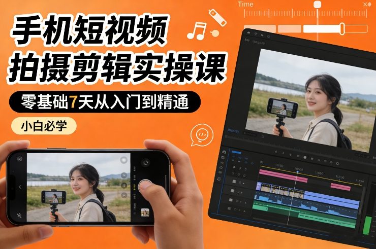 手机短视频拍摄剪辑实操课，零基础7天从入门到精通，小白必学|网创挖金社