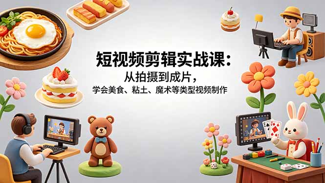短视频剪辑实战课:从拍摄到成片,学会美食、粘土、魔术等类型视频制作|网创挖金社