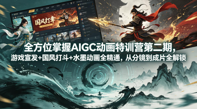 全方位掌握AIGC动画特训营第二期，游戏宣发+国风打斗+水墨动画全精通，从分镜到成片全解锁|网创挖金社