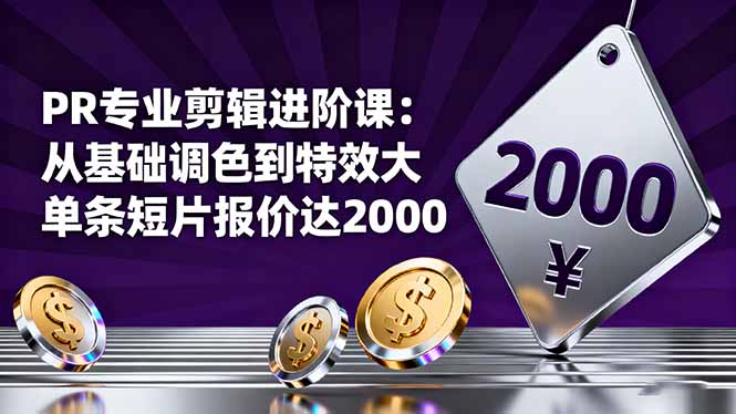 PR专业剪辑进阶课：从基础调色到特效大片的进阶技能，单条短片报价达2000|网创挖金社