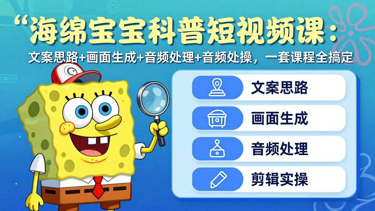 海绵宝宝科普短视频课:文案思路+画面生成+音频处理+剪辑实操,一套课程全搞定|网创挖金社