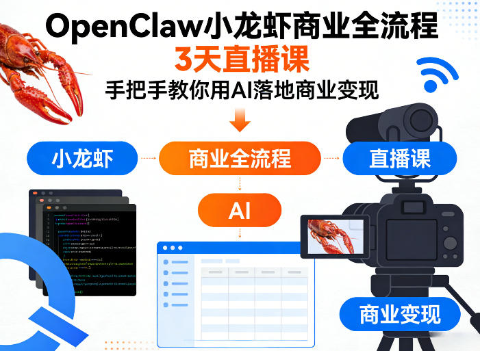 OpenClaw小龙虾商业全流程3天直播课,手把手教你用AI落地商业变现|网创挖金社
