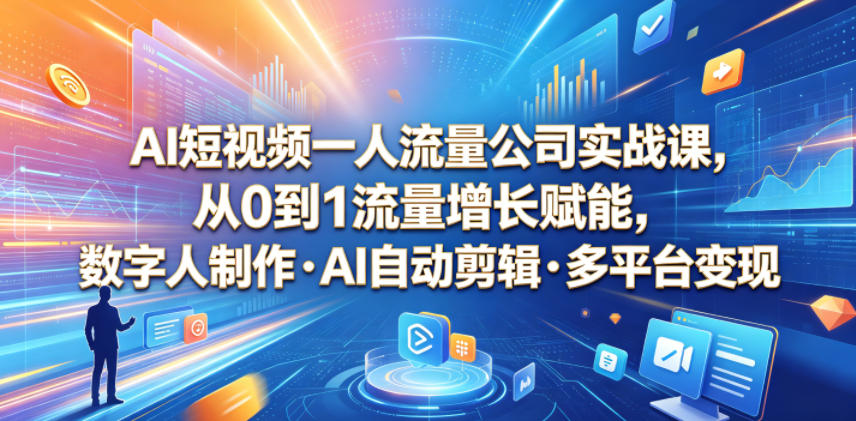AI短视频一人流量公司实战课,从0到1流量增长赋能,数字人制作・AI自动剪辑・多平台变现,一人做流量生意全落地教程|网创挖金社