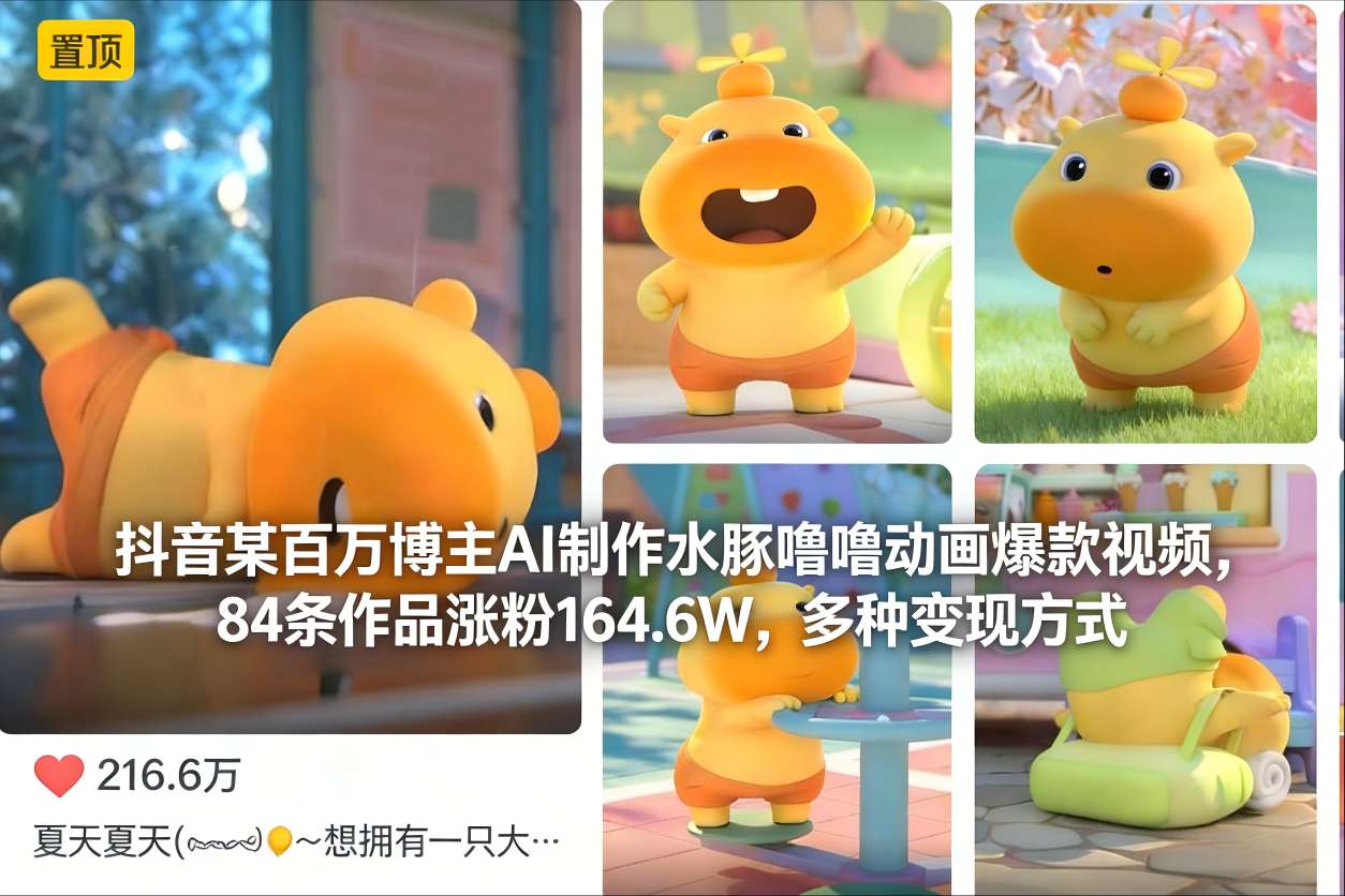 抖音某百万博主AI制作水豚噜噜动画爆款视频，84条作品涨粉164.6W，多种变现方式|网创挖金社