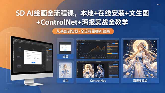 SD AI绘画全流程课,本地+在线安装+文生图+ControlNet+海报实战全教学|网创挖金社