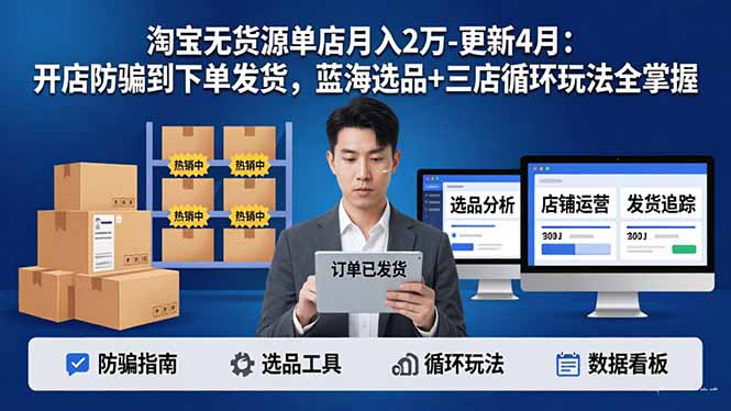 淘宝无货源5.0单店月入2万-更新4月：开店防骗到下单发货，蓝海选品+三店循环玩法全掌握|网创挖金社