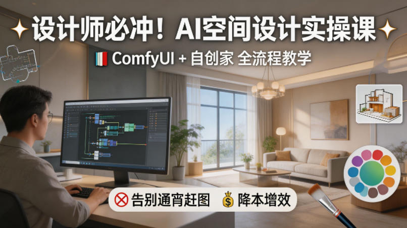 设计师必冲！AI空间设计实操课，ComfyUI+自创家全教学，告别通宵赶图，降本增效|网创挖金社