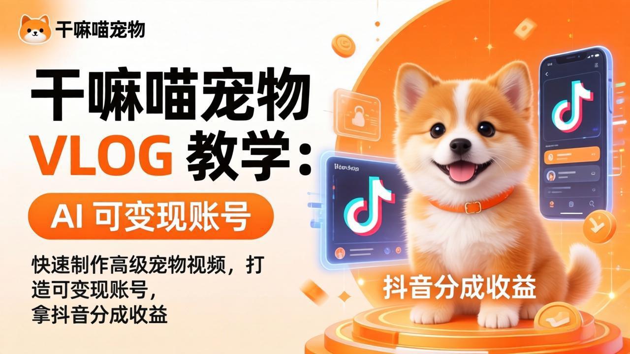 干嘛喵宠物 VLOG 教学:AI 快速制作高级宠物视频,打造可变现账号,拿抖音分成收益|网创挖金社