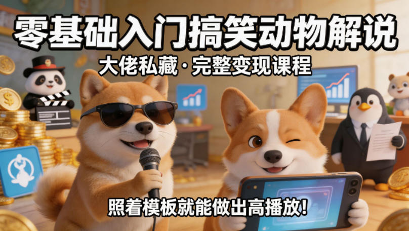 零基础入门搞笑动物解说，大佬私藏完整变现课程，照着模板就能做出高播放|网创挖金社