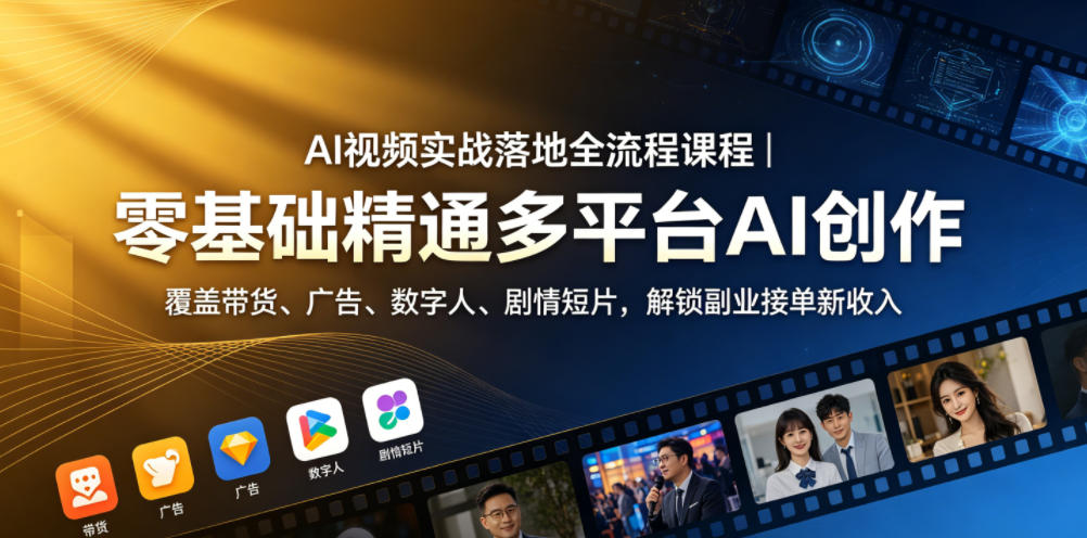 AI视频实战落地全流程课程｜零基础精通多平台AI创作，覆盖带货、广告、数字人、剧情短片，解锁副业接单新收入|网创挖金社