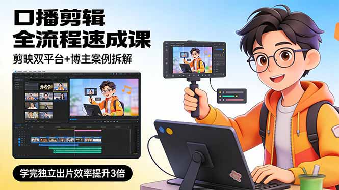口播剪辑全流程速成课，剪映双平台+博主案例拆解，学完独立出片效率提升3倍|网创挖金社