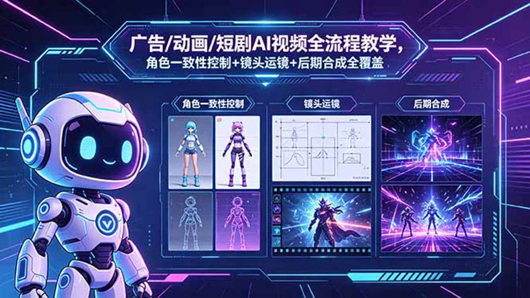 广告/动画/短剧AI视频全流程教学，角色一致性控制+镜头运镜+后期合成全覆盖|网创挖金社