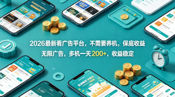 2026最新看广告平台，不需要养机，保底收益，无限广告，多机一天200+，收益稳定【揭秘】|网创挖金社