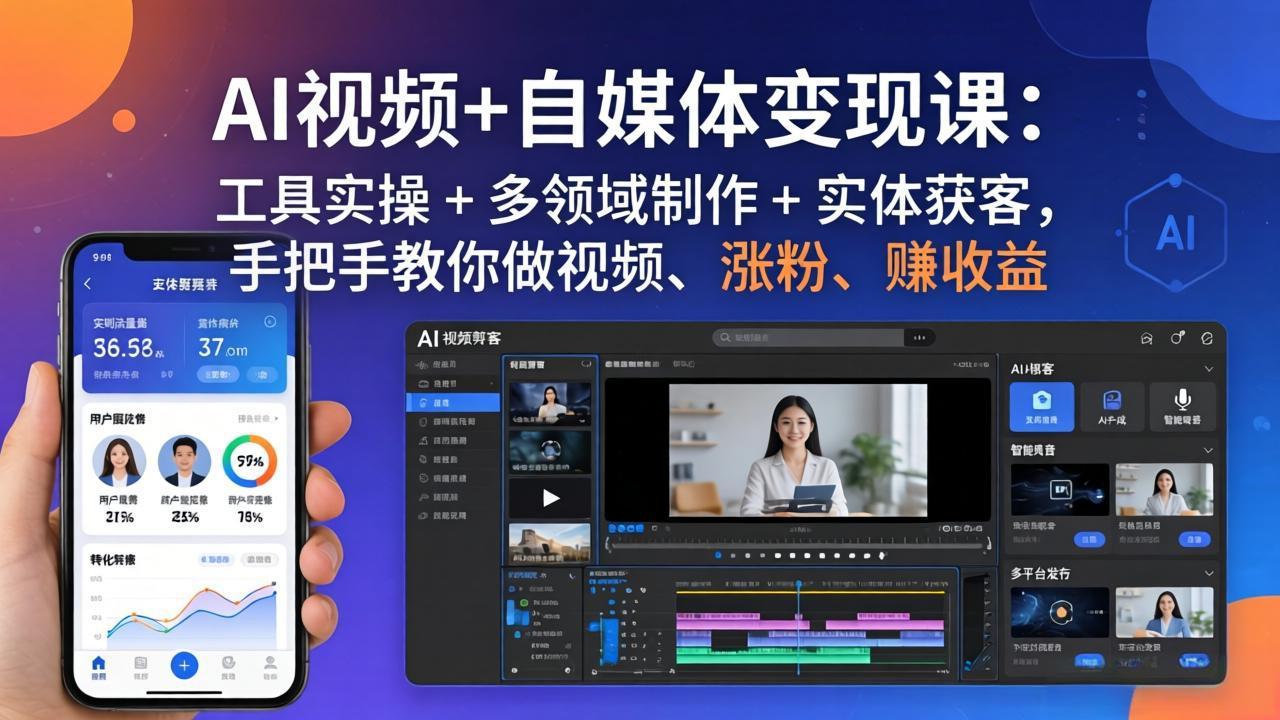 AI视频+自媒体变现课：工具实操 + 多领域制作 + 实体获客，手把手教你做视频、涨粉、赚收益|网创挖金社
