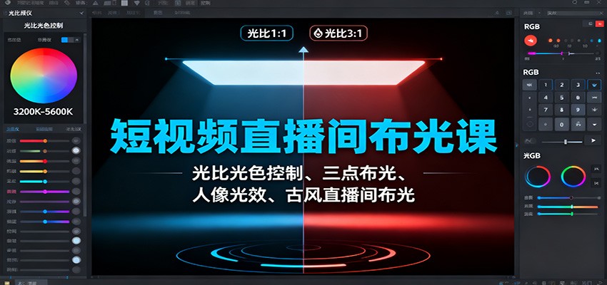 短视频直播间布光课：光比光色控制、三点布光、人像光效、古风直播间布光|网创挖金社