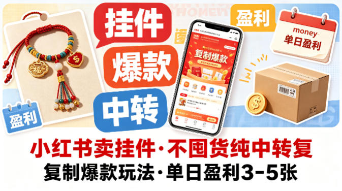 小红书卖挂件，不囤货纯中转复制爆款玩法，单日盈利3-5张|网创挖金社