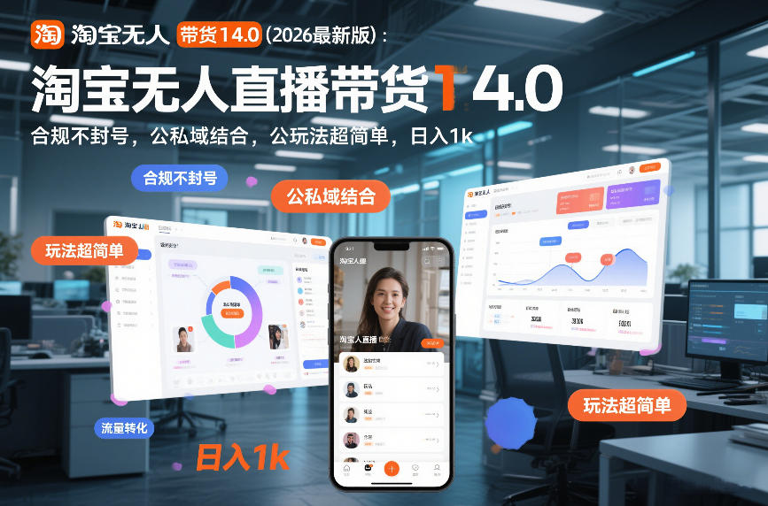 淘宝无人直播带货14.0(2026最新版):合规不封号,公私域结合,玩法超简单,日入1k+【揭秘】|网创挖金社