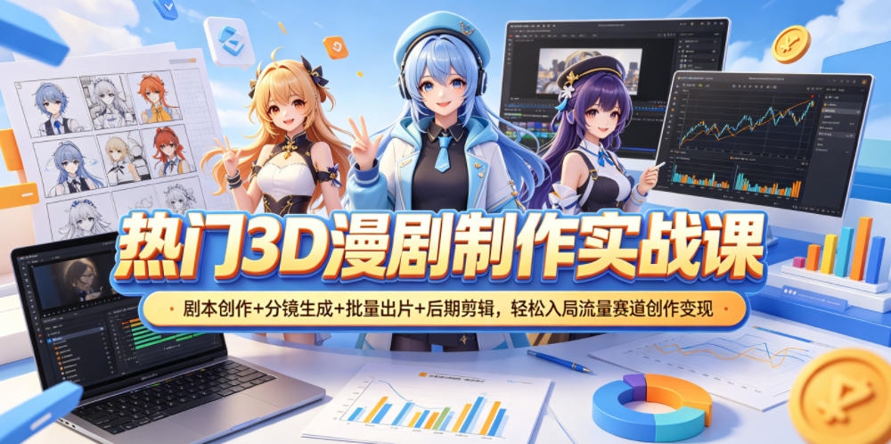 热门3D漫剧制作实战课，剧本创作+分镜生成+批量出片+后期剪辑，轻松入局流量赛道创作变现|网创挖金社