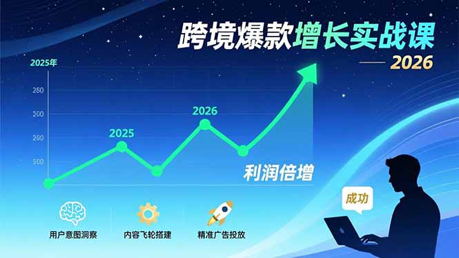 跨境爆款增长实战课，教授用户意图洞察、内容飞轮搭建、精准广告投放，助力卖家2026年利润倍增|网创挖金社