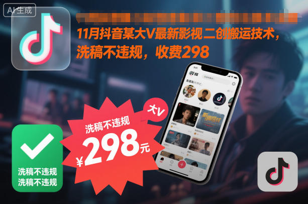 11月抖音某大V最新影视二创搬运技术，洗稿不违规，收费298|网创挖金社
