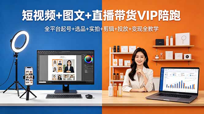 短视频+图文+直播带货VIP陪跑，全平台起号+选品+实拍+剪辑+投放+变现全教学|网创挖金社