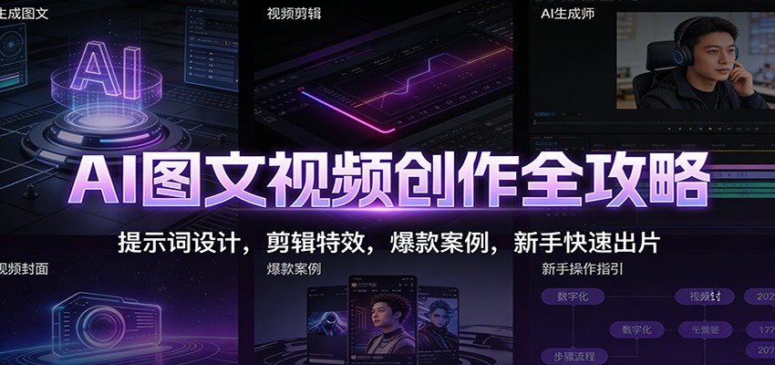 AI图文视频创作全攻略：提示词设计，剪辑特效，爆款案例，新手快速出片|网创挖金社