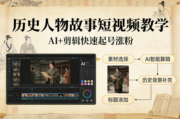 历史人物故事短视频教学，AI+剪辑制作历史人物题材短视频，快速起号涨粉|网创挖金社