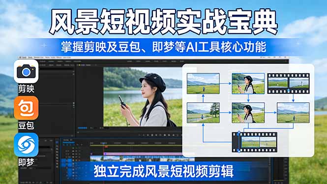 风景短视频实战宝典：掌握剪映及豆包、即梦等AI工具的核心功能，独立完成风景短视频剪辑|网创挖金社