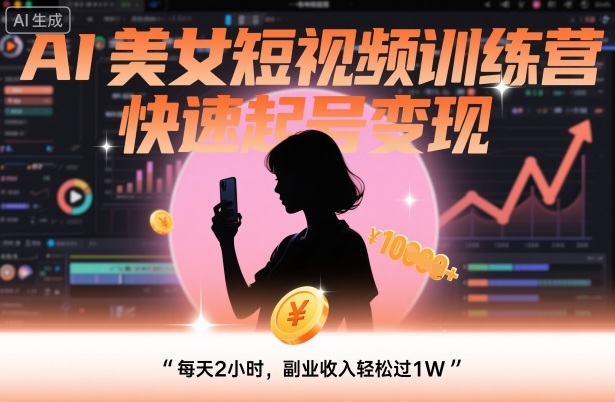 AI美女短视频训练营，快速起号变现，每天2小时，副业收入轻松过1W|网创挖金社
