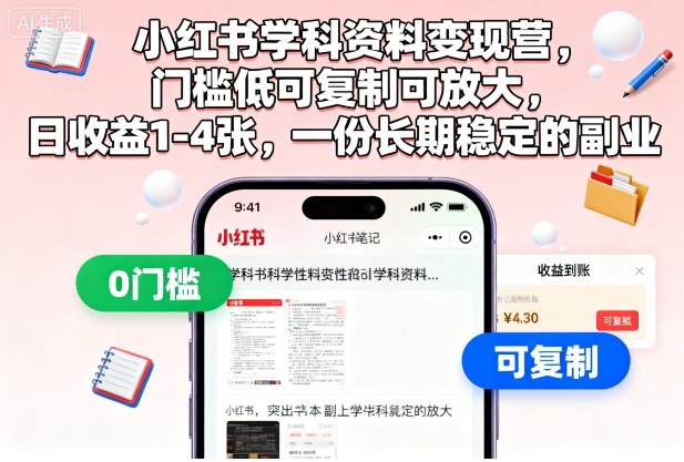 小红书学科资料变现营，门槛低可复制可放大，日收益1-4张，一份长期稳定的副业|网创挖金社