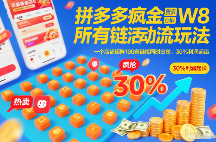 拼多多疯狂活动流玩法，所有链接全部打标，一个店铺矩阵100条链接同时出单，30%利润起店|网创挖金社