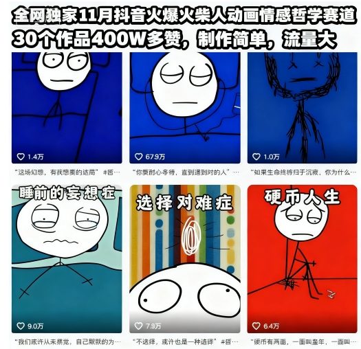 全网独家11月抖音火爆火柴人动画情感哲学赛道，30个作品400W多赞，制作简单，流量大【教学+素材】|网创挖金社