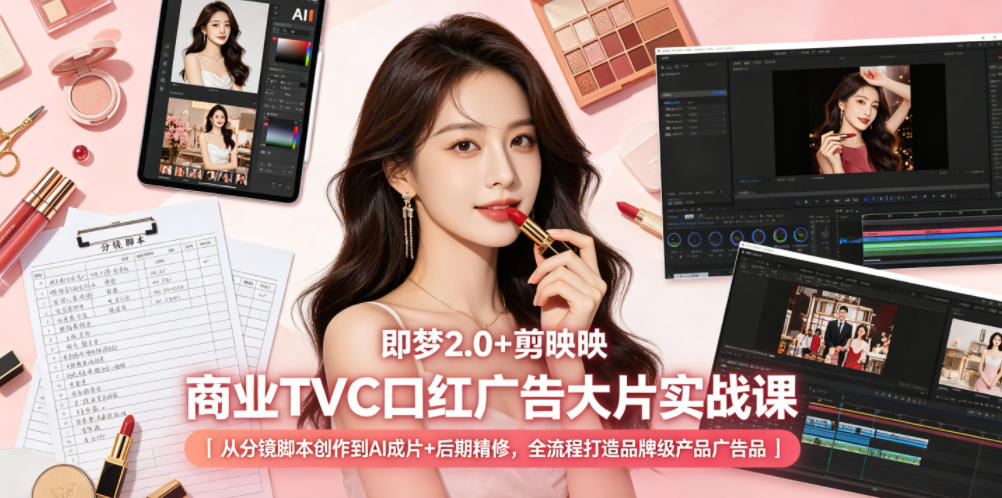 即梦2.0+剪映商业TVC口红广告大片实战课｜从分镜脚本创作到AI成片+后期精修，全流程打造品牌级产品广告|网创挖金社