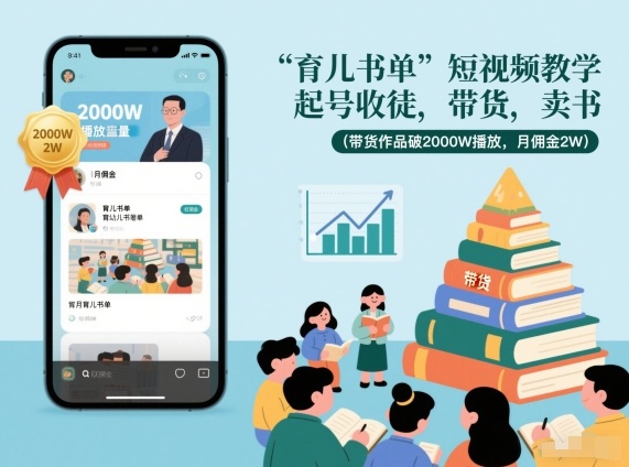 育儿书单短视频教学，起号收徒，带货，卖书(带货作品破2000W播放，月佣金2W)|网创挖金社