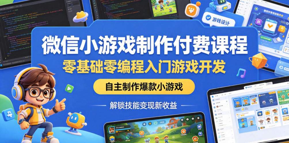 微信小游戏制作付费课程，零基础零编程入门游戏开发，自主制作爆款小游戏，解锁技能变现新收益|网创挖金社