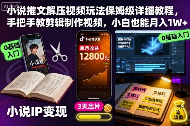 小说推文解压视频玩法保姆级详细教程，手把手教剪辑制作视频，小白也能月入1W+|网创挖金社