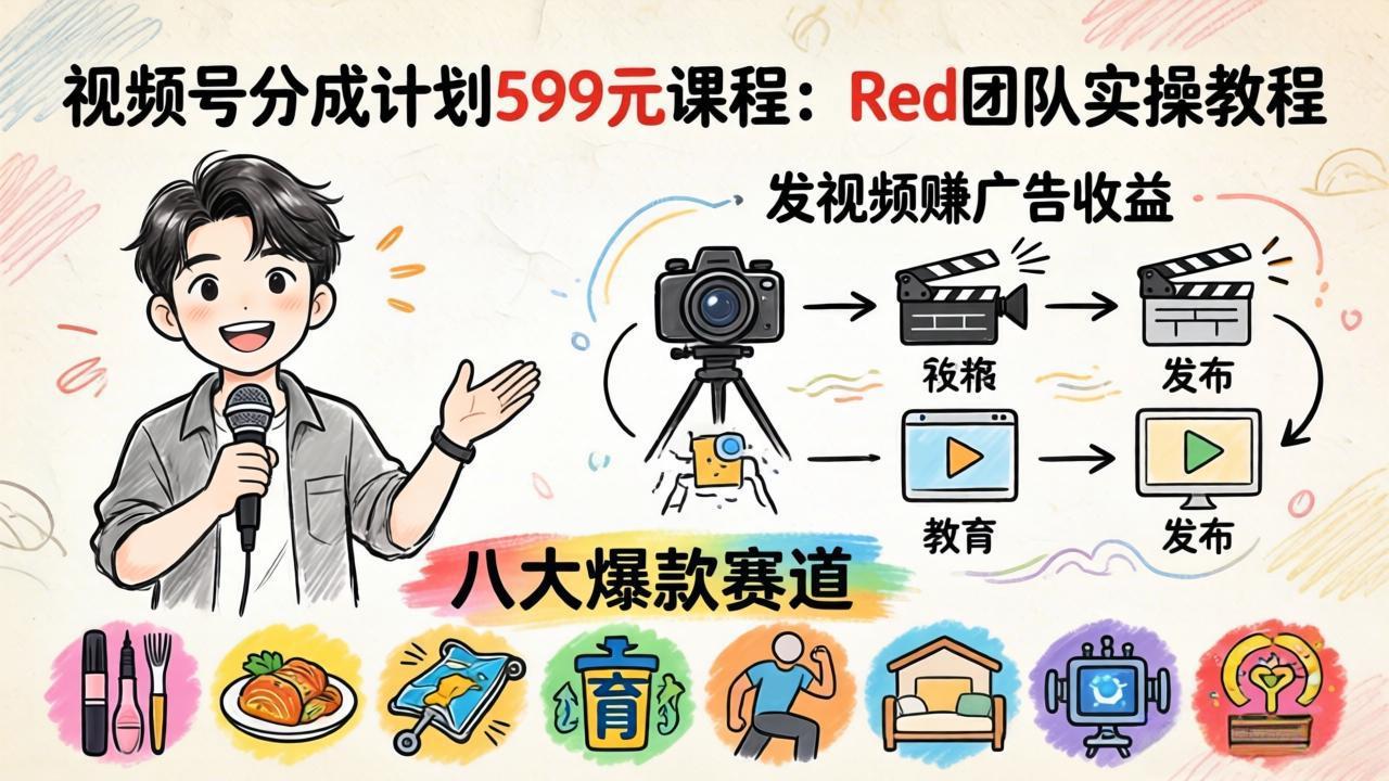 视频号分成计划599元课程：Red团队实操教程，发视频赚广告收益，八大爆款赛道全掌握|网创挖金社