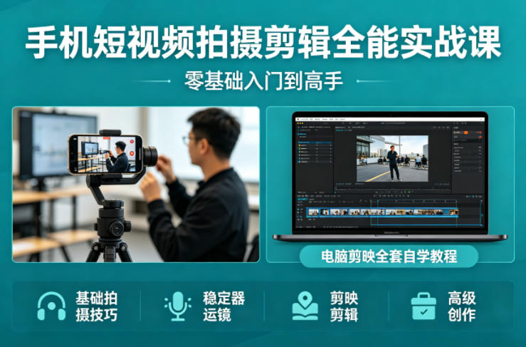 手机短视频拍摄剪辑全能实战课：零基础入门到高手，稳定器运镜+电脑剪映全套自学教程|网创挖金社