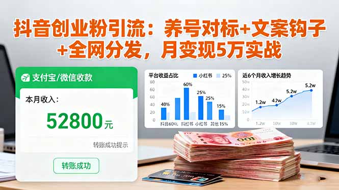 抖音创业粉引流：养号对标+文案钩子+全网分发，月变现5万实战|网创挖金社