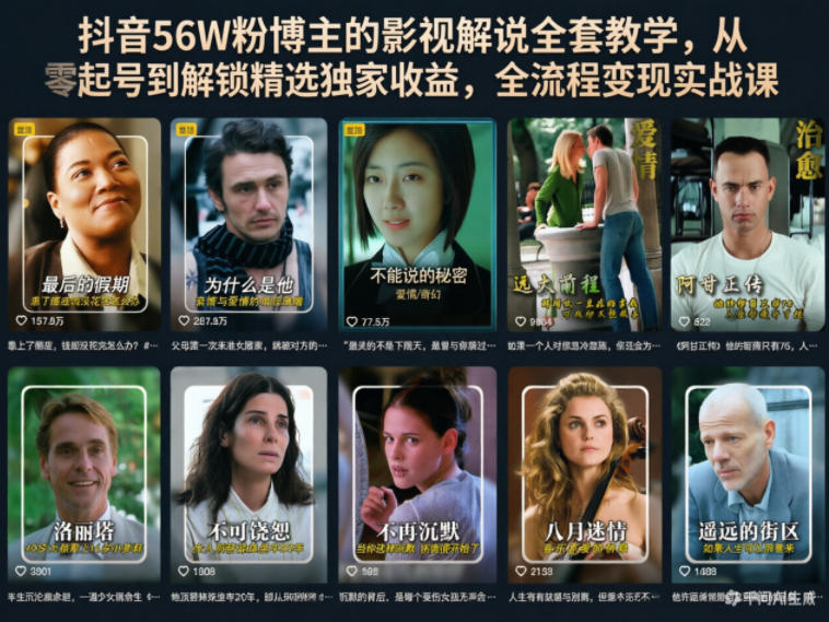 抖音56W粉博主的影视解说全套教学，从零起号到解锁精选独家收益，全流程变现实战课|网创挖金社