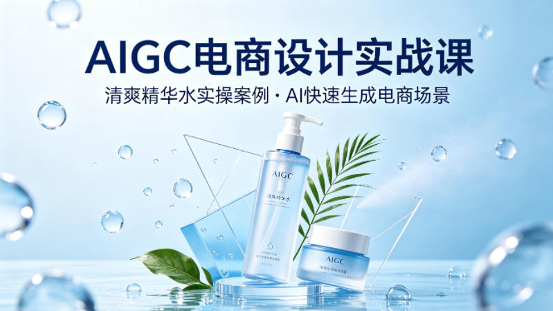 AIGC电商设计实战课，以清爽精华水为实操案例，教你用AI快速生成电商场景|网创挖金社