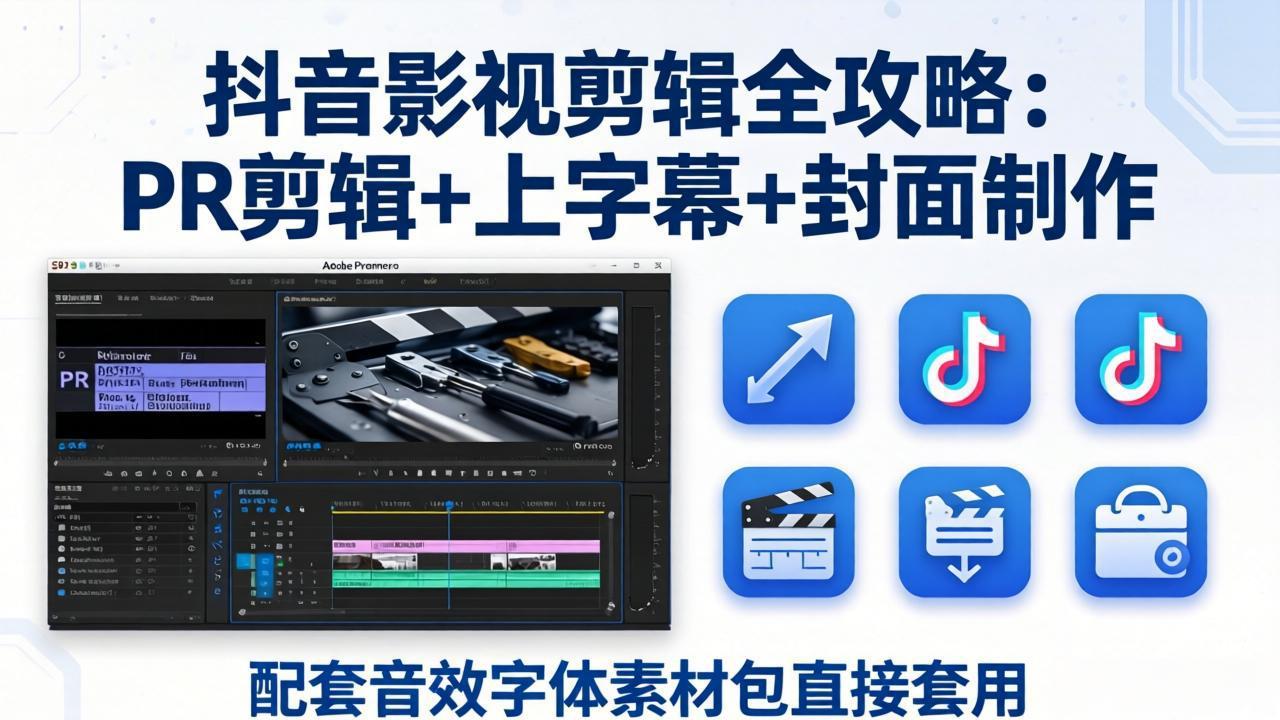 抖音影视剪辑全攻略：PR剪辑+上字幕+封面制作，配套音效字体素材包直接套用|网创挖金社