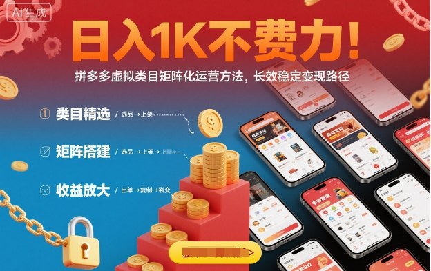 日入1K不费力！拼多多虚拟类目矩阵化运营方法，长效稳定变现路径|网创挖金社