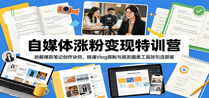 自媒体涨粉变现特训营：拆解爆款笔记创作诀窍，精通Vlog摄制与朋友圈美工高效引流获客|网创挖金社