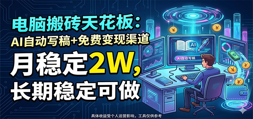 电脑搬砖天花板：AI自动写稿+免费变现渠道，月稳定2W，长期稳定可做|网创挖金社