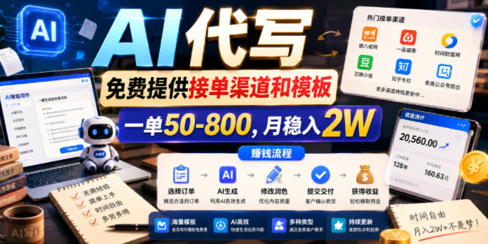 AI代写，免费提供接单渠道和模板，一单50-800，月稳入2W【揭秘】|网创挖金社