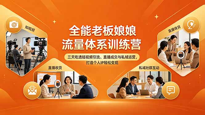 全能老板娘流量体系训练营，三天吃透短视频引流、直播成交与私域运营，打造个人IP轻松变现|网创挖金社